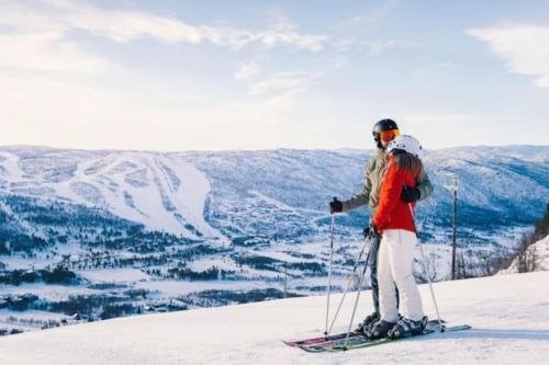 two people standing on top of a snow covered mountain at Toppleilighet Dr Holms in Geilo