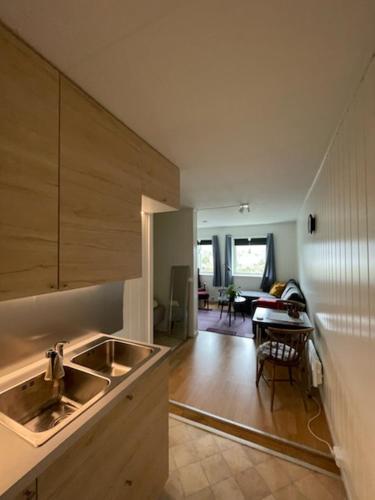 a kitchen with a sink and a dining room at Overnatting Kjøllefjord, Hybelleilighet med kjøkkenkrok og eget bad in Kjøllefjord