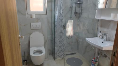 een badkamer met toilet, douche en wastafel bij Apartman NEMANJA in Vrnjačka Banja