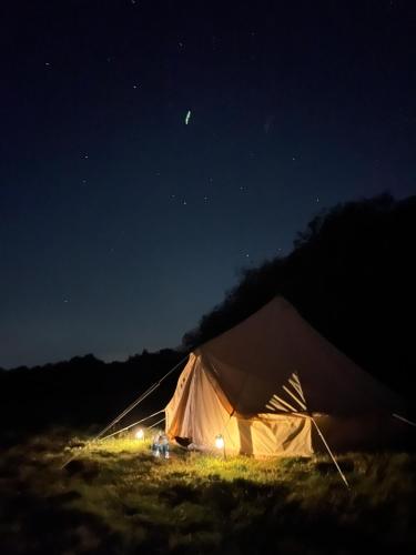 a white tent in a field at night at Bell Tent 4m and 7m Fossewold Cotswold Camping in Moreton in Marsh