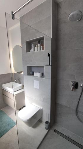 a bathroom with a shower and a toilet and a sink at Zavala Residence in Zavala