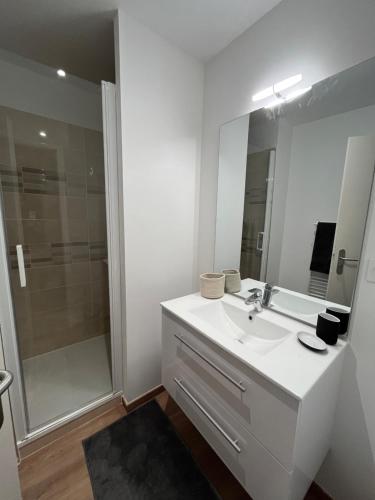 une salle de bain blanche avec un lavabo et une douche dans l'établissement Résidence Les 4 Quais, à Bordeaux