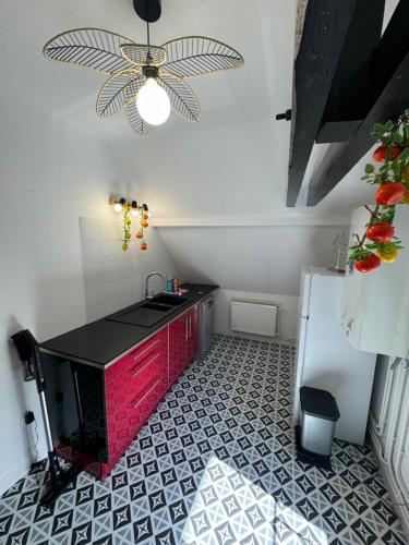 Il comprend une cuisine équipée d'un évier rouge et d'un ventilateur de plafond. dans l'établissement Le Catalpa 2 chambres, à Rombas