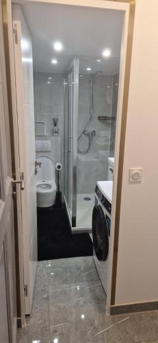 une salle de bain avec une douche, des toilettes et un lavabo dans l'établissement Trouville Palace, chez Margot, à Trouville-sur-Mer