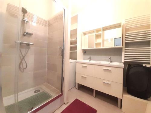 une salle de bain avec douche et lavabo dans l'établissement Studio cosy à Saint-Lary-Soulan – 4 pers, balcon, parking, skis - FR-1-457-342, à Saint-Lary-Soulan