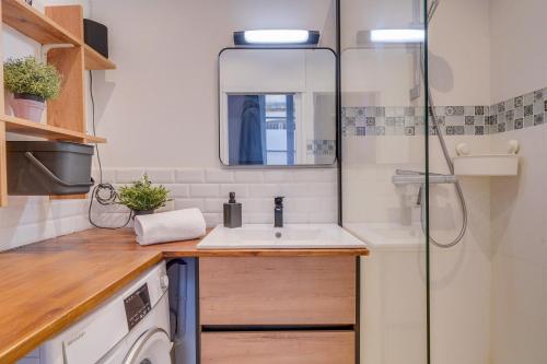 une petite salle de bain avec un lavabo et une douche dans l'établissement Le Clos des Menuts - Appt, quartier St-Catherine, à Bordeaux
