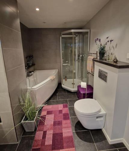 a bathroom with a tub and a toilet and a shower at Hessahuset in Ålesund