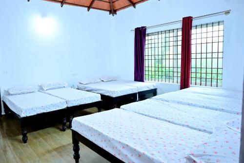 a group of four beds in a room with a window at Coffee Crown Homestay - 1KM Falls, Home Food & Coffee Estate in Sakleshpur