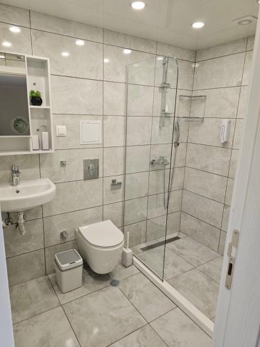 a bathroom with a shower and a toilet and a sink at Къща за гости SUNNY HILL in Varna City