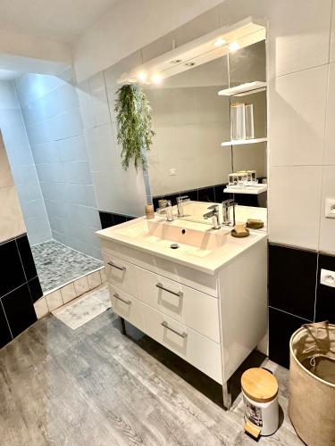 une salle de bain avec un lavabo et une douche dans l'établissement L'Amazonite, au Beausset