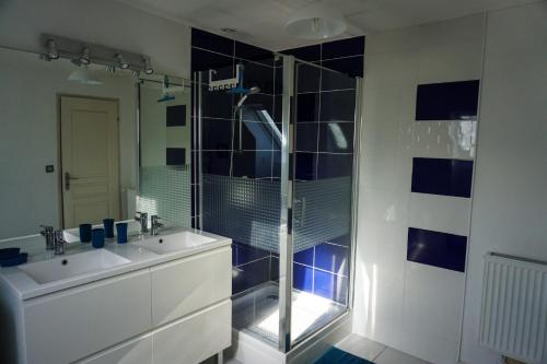 une salle de bain avec une douche en verre et un lavabo dans l'établissement -L'ABRI CÔTIER- MAISON CABELLOU Á 300 M DE LA MER, à Concarneau