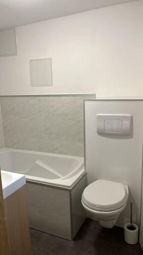 une salle de bain avec toilettes, baignoire et lavabo dans l'établissement Chaleureux, Cosy calme, spacieux et centrale, à Toulouse