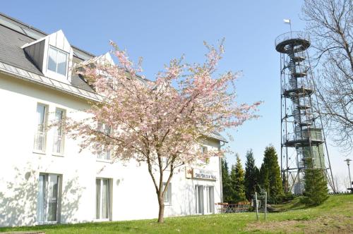 a tree in front of a white building at Berghotel Drei Brüder Höhe in Marienberg