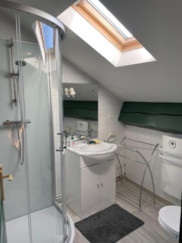 une salle de bain avec un lavabo et une douche dans l'établissement Anthémis I, II, III, aux Angles