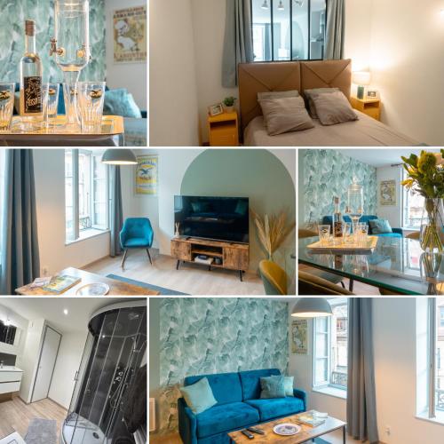 un collage de photos d'un salon dans l'établissement Hypercentre, authentique, calme - La distillerie, à Pontarlier