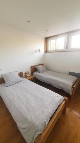 deux lits dans une chambre avec deux fenêtres dans l'établissement Agréable T3 entre lac et montagne, à Verchères