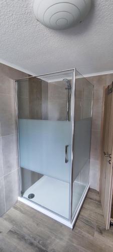 a glass shower in a room with a ceiling at Ferienwohnung Berghaus in Nettersheim