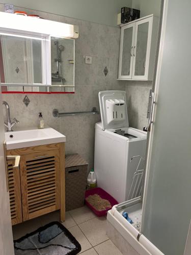 une petite cuisine avec un évier et un réfrigérateur dans l'établissement Trouville à pied, à Trouville-sur-Mer