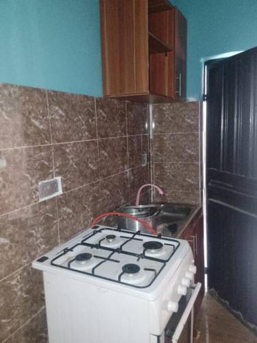 a kitchen with a white stove in a kitchen at Cozy quiet 1 bedroom with kitchen in Ibadan