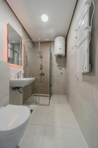 a bathroom with a shower and a toilet and a sink at Bounce Belgrade Apartment in Vračar (historical)