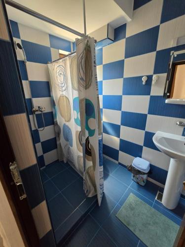 a blue and white bathroom with a shower and a sink at Vila VECAS in Eforie Nord