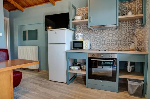 a kitchen with a white refrigerator and a microwave at Heliotrope The Studios in Mytilini