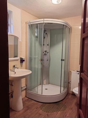 a bathroom with a shower and a sink at Casa Finna in Covasna