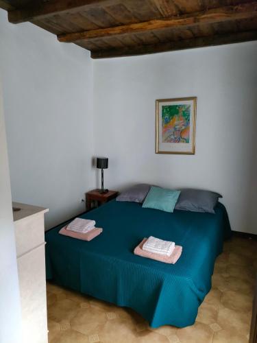 une chambre avec un lit bleu avec deux serviettes dessus dans l'établissement OLMETA DI TUDA - T3, à Olmeta-di-Tuda