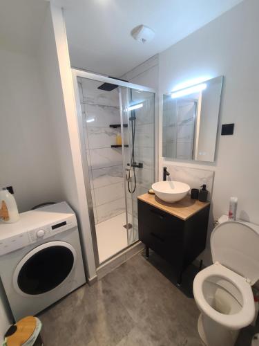 une salle de bain avec une douche, des toilettes et un lavabo dans l'établissement Le Rivage Ébène & Distinction, à Dieppe