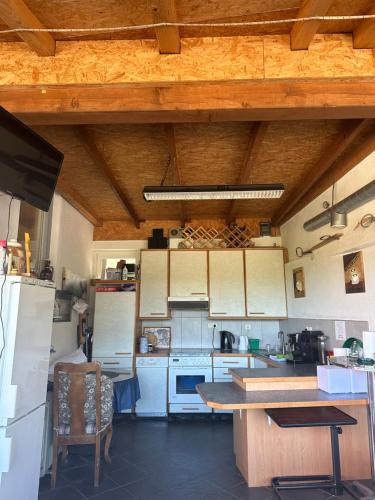 a large kitchen with white appliances and wooden ceilings at Sonnen Brijeg in Mrkonjić Grad