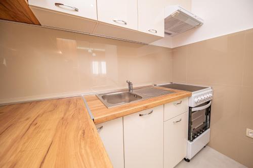 a small kitchen with a sink and a stove at Red Hill in Kotor