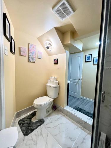 a bathroom with a toilet and a walk in shower at K9 Room Near Airport in Mississauga