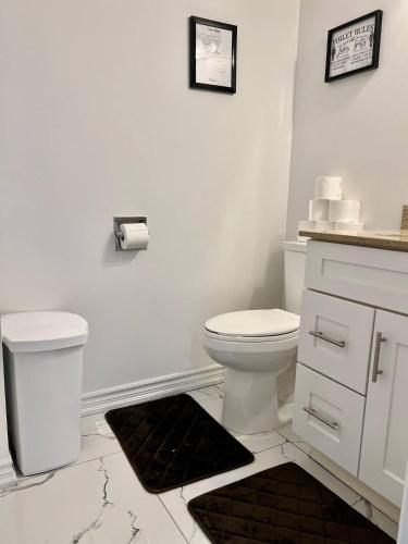 a white bathroom with a toilet and a sink at K9 Room Near Airport in Mississauga