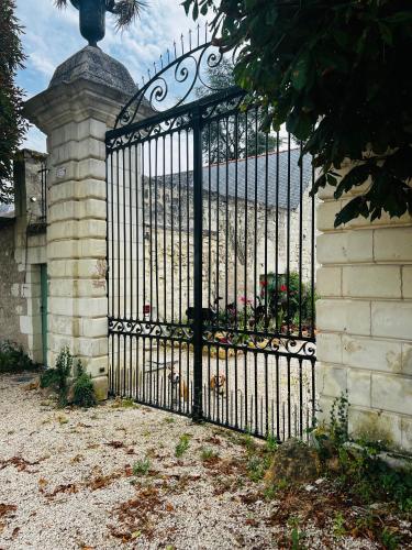 une porte en fer forgé noir avec des fleurs derrière elle dans l'établissement Château de la Thibaudière - Chambre de la Reine, à Allonnes
