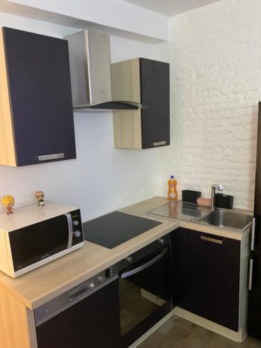 une cuisine avec un micro-ondes et un plan de travail dans l'établissement Kamehouse - Centre ville -4 personnes, à Dieppe