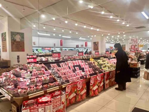 a woman is shopping in a grocery store at 錦糸町徒歩4分210平米大空間和風庭園テラススカイツリービュー畳部屋 in Tokyo