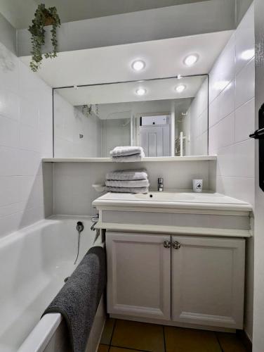une salle de bain avec un lavabo, un miroir et une baignoire dans l'établissement Les Restanques 2058 rez de jardin, à Grimaud