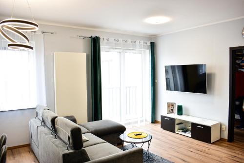 een woonkamer met een bank en een tv bij Kamienica Nova VITORE 116 in Szczecin