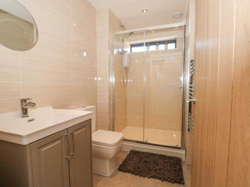 a bathroom with a toilet and a sink and a shower at Priestleys Retreat in Blackburn