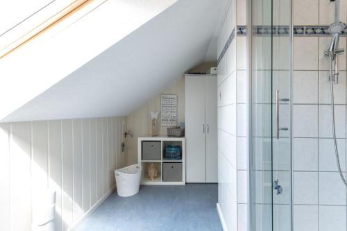 an attic bathroom with a shower and a toilet at Ferienwohnung Hillers, 35218 in Beningafehn