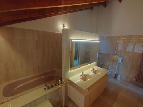 a bathroom with a sink and a tub and a mirror at schönes Haus 5 separates Zimmer mit Sauna in Bonstetten