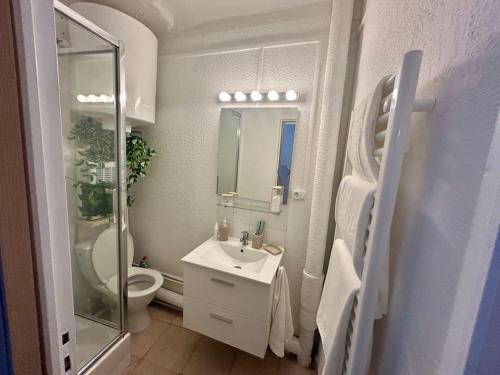 une salle de bain blanche avec des toilettes et un lavabo dans l'établissement Charmant Studio Climatisé au Mourillon, à Toulon