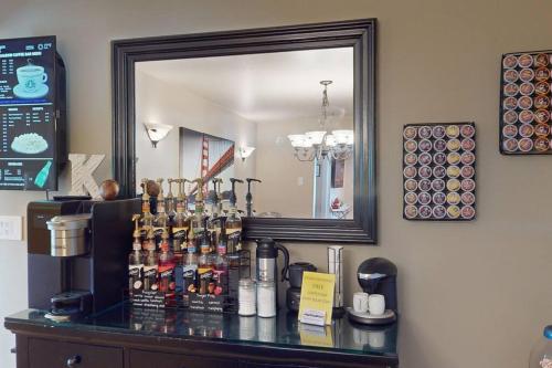 a mirror on the wall of a coffee shop at Tacit Shadow Resort Aviator Queen Suite, Gym, Coffee Bar, Hot-Tub, Free Laundry, Food Available in Parowan