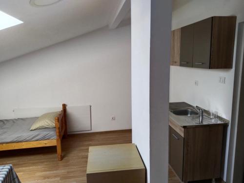 Una pequeña habitación con una cama y un lavabo. en Altea 1, en Vršac