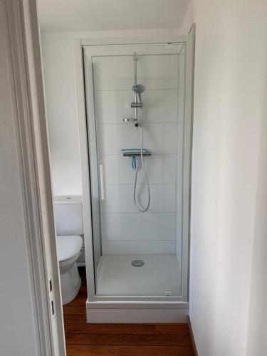 La salle de bains est pourvue d'une douche en verre et de toilettes. dans l'établissement Les Nids Douillets, à Saint-Laurent-en-Caux
