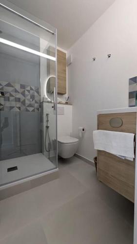 une salle de bain avec une douche en verre et des toilettes dans l'établissement Appartement cosy à Paris, à Puteaux