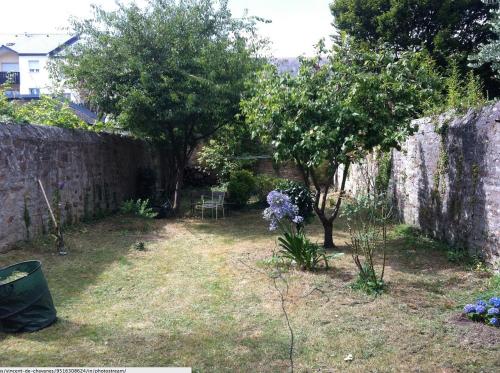 un jardin avec deux arbres et un mur en pierre dans l'établissement 2 chambres chez l'habitant dans maison avec jardin SDB partagée, à Lorient