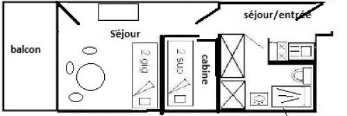 un plan d'étage en noir et blanc d'une maison dans l'établissement Résidence Le France - Studio 3/4 pers - LE FRANCE - PLAGNE CENTRE MAE-1784, à Aime La Plagne