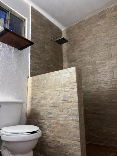 a bathroom with a toilet and a stone wall at Estudio céntrico con diseño industrial in San José del Cabo