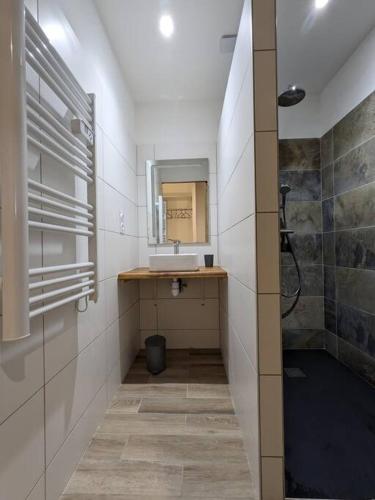 une salle de bain avec un lavabo et un miroir dans l'établissement Gîte Le Cerbillona- Gavarnie, France, à Gavarnie